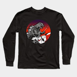 Godzilla Drummer Sunset Background Long Sleeve T-Shirt